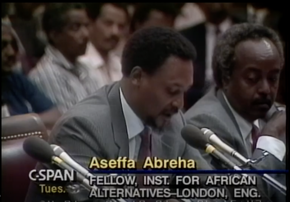 Aseffa Abreha (left) and Yonas Deressa (right) at a 1991 U.S. House hearing. Abreha warned that unity without cultural rights fosters conflict, arguing anti-TPLF rhetoric was used to stoke ethnic tensions. (Source: C-SPAN)