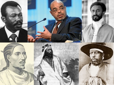 From the top left to right, Colonel Mengistu Haile Mariam, the late Prime Minster Meles Zenawi, and Emperor Haile Selassie. From the bottom left to right, Emperor Yohannes IV, General Ras Alula Engida, and Emperor Menelik II.
